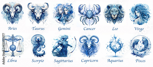 12 Zodiac signs in blue tones on white background