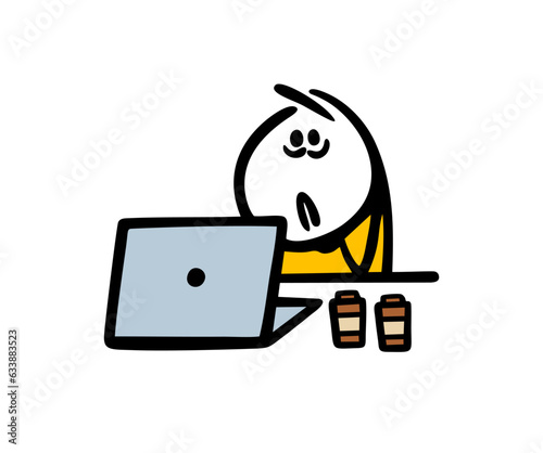 Doodle person, tired programmer sits at a desk and works on a computer online. Vector illustration of stick figure boy and coffee cups.