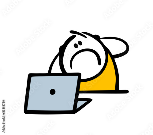 Disgruntled doodle stickman clutched his head. Vector illustration of person failed programmer at a computer, hand drawn scared on social networks.
