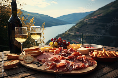 Italian appetizer and wine on a terrace overlooking a mountain lake