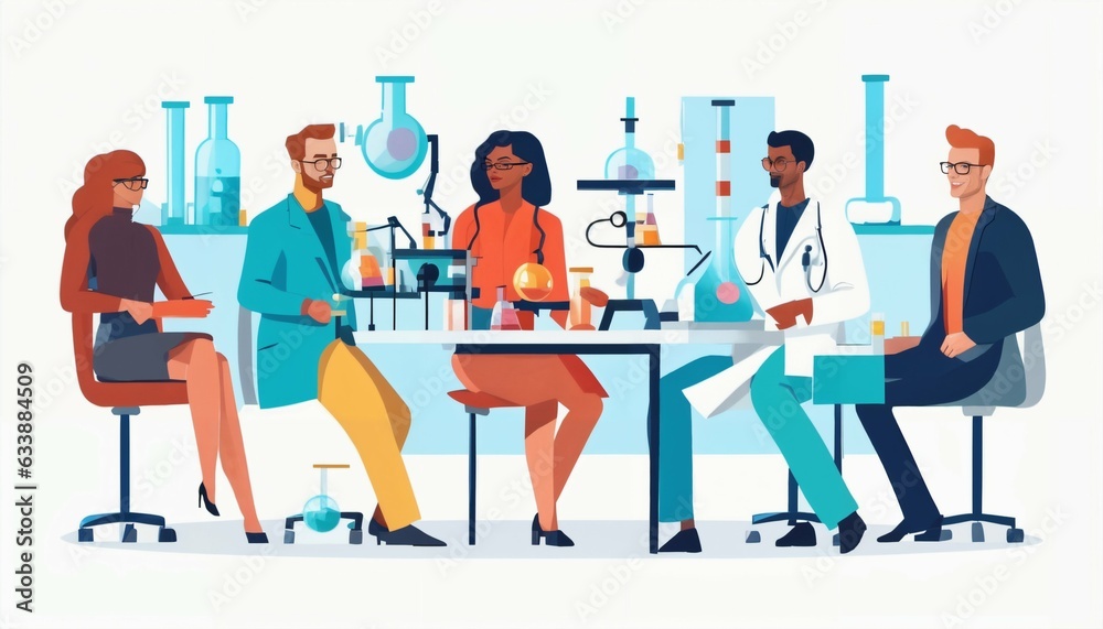 Minimalist illustration of diverse scientists working in a lab