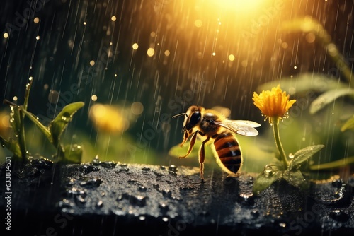 bee on the flower with rain  © Helena
