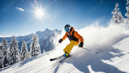 Skier jumping on a sunny mountain slope with professional equipment photo