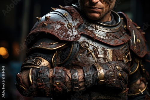 Tales of Valor Etched: Detailed View of a Legionnaire's Arm or Torso, Bedecked in Armor and Fabric, Exhibiting Scars and Fresh Injuries, Chronicles of Recent Clash Generative AI 