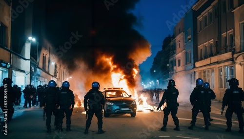 Special force police responding to a riot in the city at night