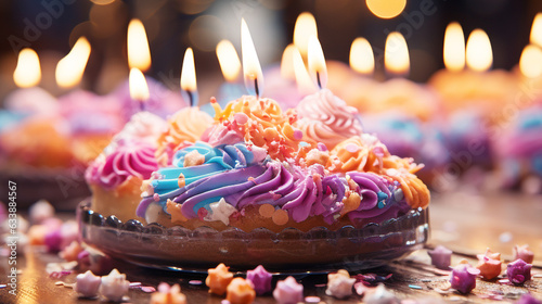 Burning candles illuminate sweet birthday dessert with vibrant