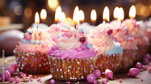Burning candles illuminate sweet birthday dessert with vibrant