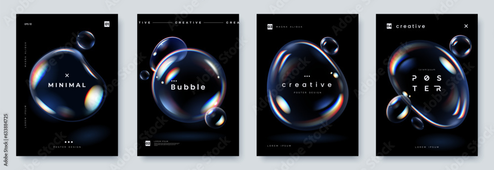 Glowing soap bubbles on black background. Creative poster set with realistic iridescent bubble of different shapes and place for text. A4 size. Vector illustration - obrazy, fototapety, plakaty 