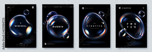 Glowing soap bubbles on black background. Creative poster set with realistic iridescent bubble of different shapes and place for text. A4 size. Vector illustration © alexandertrou