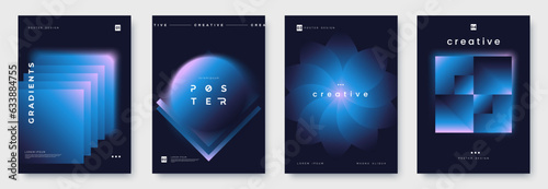 Vector poster template with gradient shapes on dark blue and place for text. Poster set in minimal style. Beautiful geometric gradients. A4 size. Ideal for banner, cover, invitation.