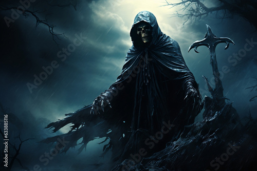 Eerie Grim Reaper revealing death's presence in a chilling horror illustration