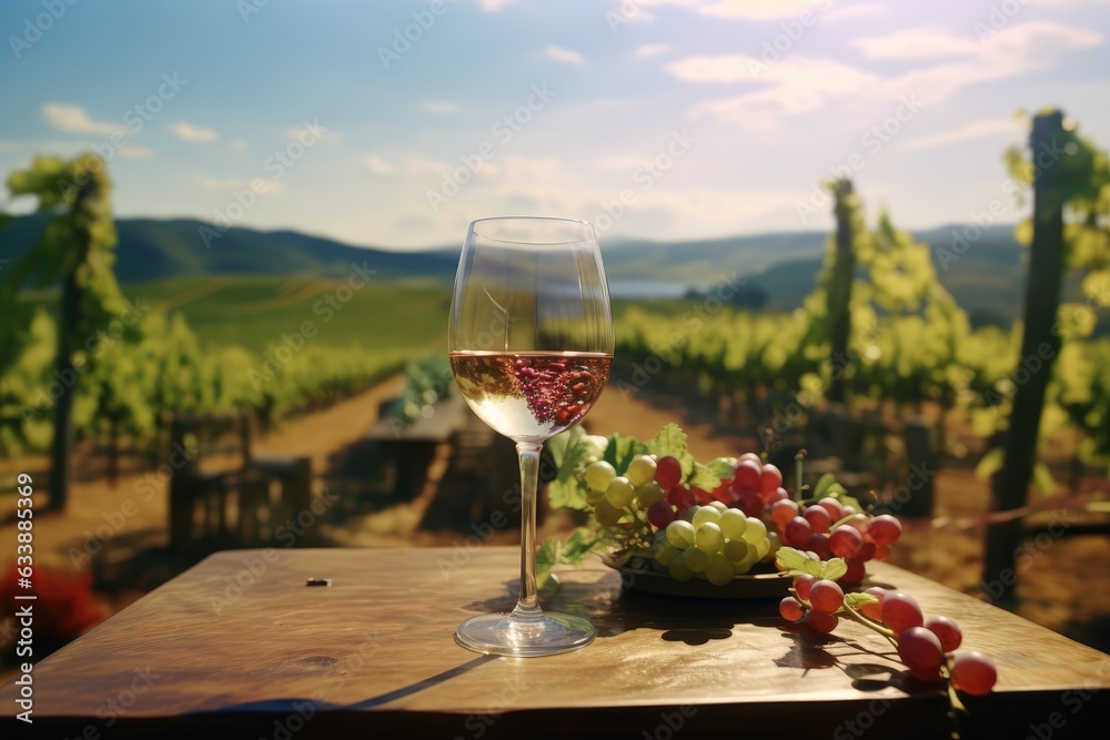 Wine Country Charm: A Rustic Table in a Countryside Vineyard Adorned with Wine and Grapes - A Scenic Snapshot of the Winemaking Experience in a Rural Setting.

