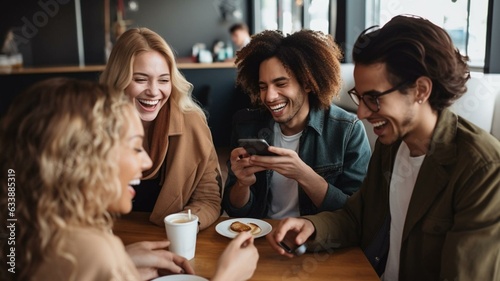 group of friends sitting in cafe with mobile phone
