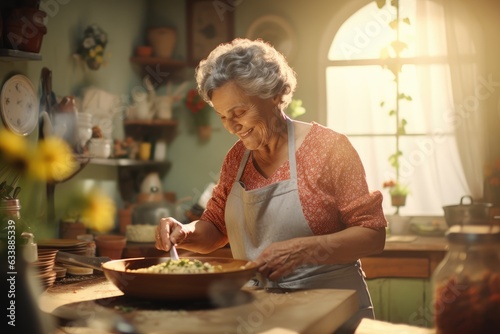Culinary Tradition. A Skilled Nonna (Grandmother) Prepares Delicious Food in a Farmhouse Kitchen for Family. Heartwarming Meal