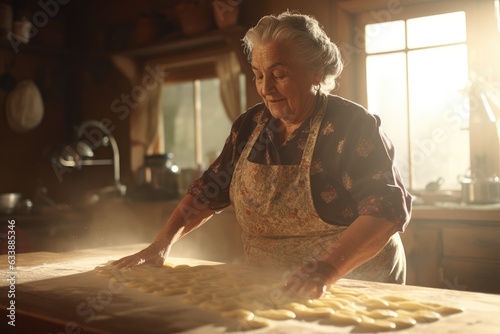 Culinary Tradition. A Skilled Nonna (Grandmother) Prepares Delicious Food in a Farmhouse Kitchen for Family. Heartwarming Meal
