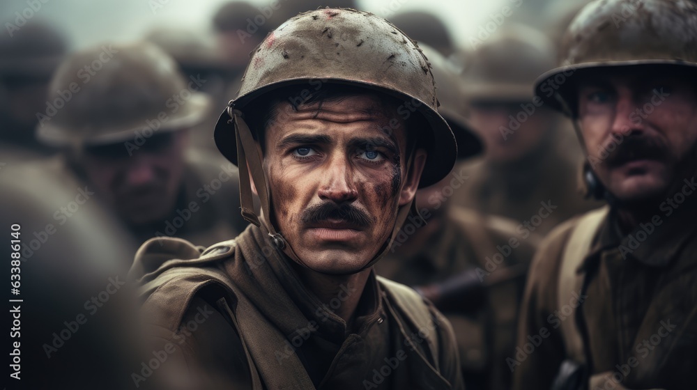 The Face of Courage: A Gritty Portrait of a Soldier with moustache During World War II in the Midst of a Battlefield - An Image Reflecting the Sweat, Blood, and Tears of Wartime Sacrifice.

