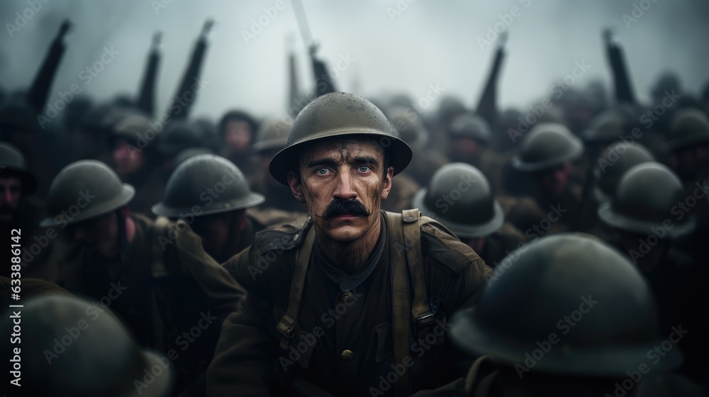 The Face of Courage: A Gritty Portrait of a Soldier with moustache During World War II in the Midst of a Battlefield - An Image Reflecting the Sweat, Blood, and Tears of Wartime Sacrifice.
The Face of Courage: A Gritty Portrait of a Soldier with moustache During World War II in the Midst of a Battlefield - An Image Reflecting the Sweat, Blood, and Tears of Wartime Sacrifice.