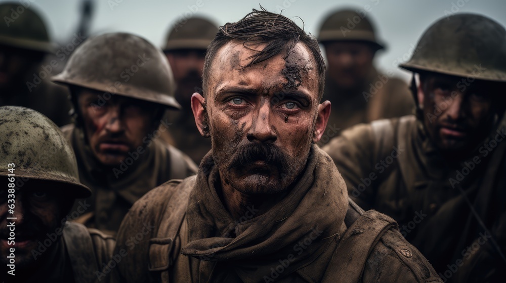 The Face of Courage: A Gritty Portrait of a Soldier with moustache During World War II in the Midst of a Battlefield - An Image Reflecting the Sweat, Blood, and Tears of Wartime Sacrifice.
The Face of Courage: A Gritty Portrait of a Soldier with moustache During World War II in the Midst of a Battlefield - An Image Reflecting the Sweat, Blood, and Tears of Wartime Sacrifice.