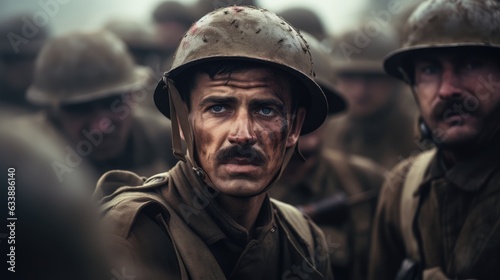 The Face of Courage: A Gritty Portrait of a Soldier with moustache During World War II in the Midst of a Battlefield - An Image Reflecting the Sweat, Blood, and Tears of Wartime Sacrifice.