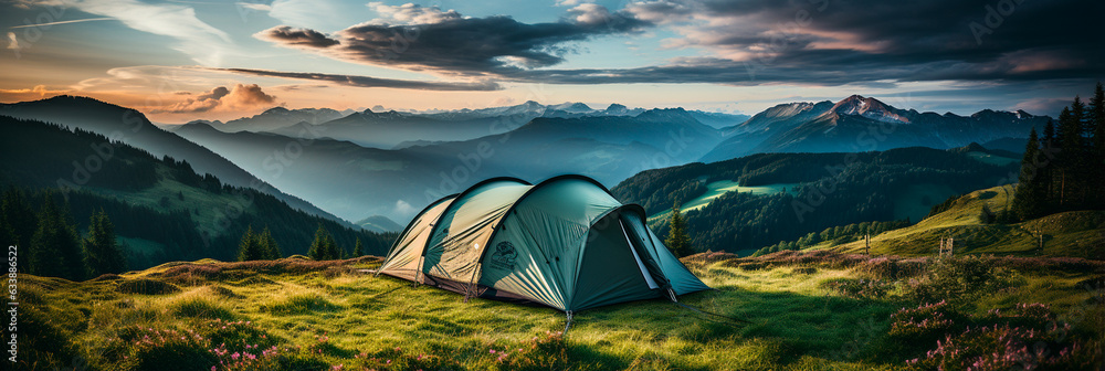 camping tent on mountain peak at sunrise, travel and vacation concept - obrazy, fototapety, plakaty 