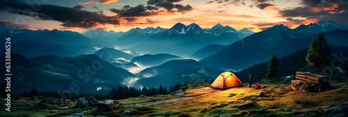 camping tent on mountain peak at sunrise, travel and vacation concept