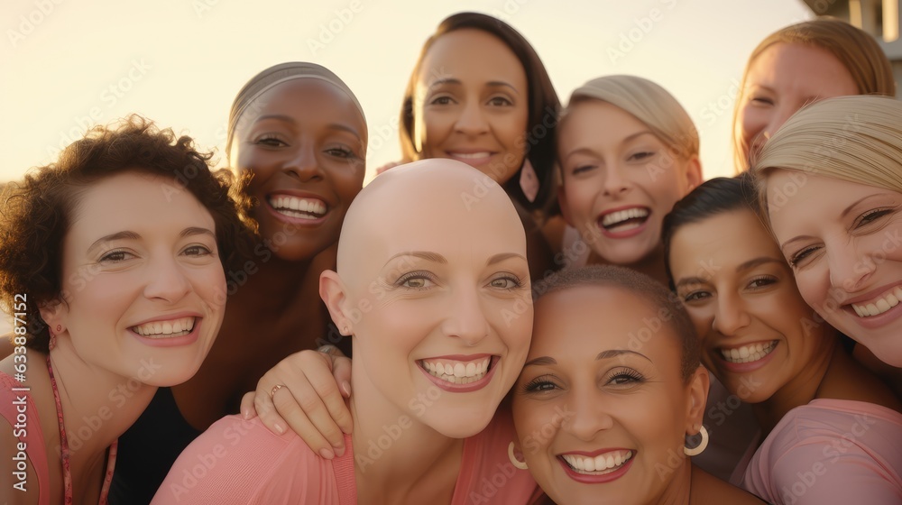 Fototapeta premium Strength in Unity. In the Face of Breast Cancer, a Woman Finds Strength, Resilience, and Love from Her Supportive Friends and Family. Medical Journey AI Generative.
