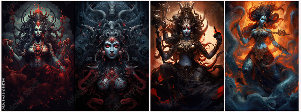 Set of KALI, goddess of Hindu mythology. Created with Generative AI technology. - obrazy, fototapety, plakaty 