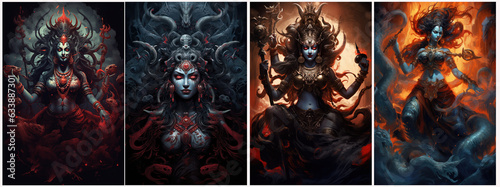 Set of KALI, goddess of Hindu mythology. Created with Generative AI technology. photo