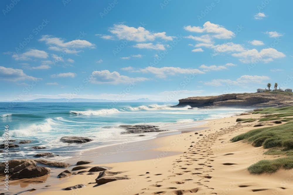 Footprints into Infinity: A Beachscape with Progressing Steps Fading Towards the Limitless Horizon, Representing a Journey of Unseen Wanderers Generative AI	
