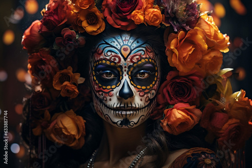 Dia de los Muertos, Woman with Sugar Skull Makeup on Floral Background - Calavera Catrina