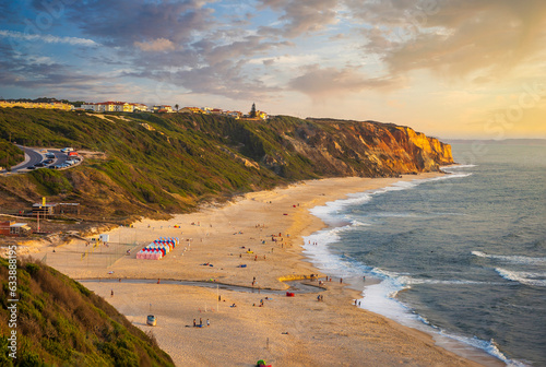 Beautiful beach with cliffs and a littile river. Beach of Paredes Vitoria - Nazare - Portugal