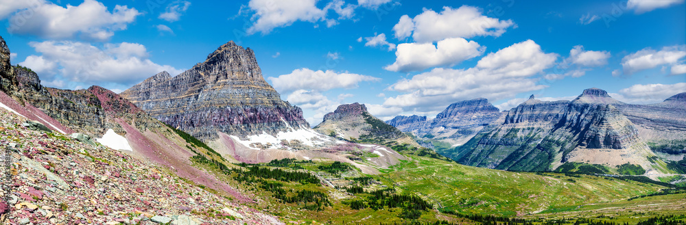 Panoramic view of Hanging Gardens valley, in Glacier National Park, Montana with Logan pass, Clements Mountain, Mount Oberlin, Mount Gould, Bishop Cap and Pollock mountain in the background