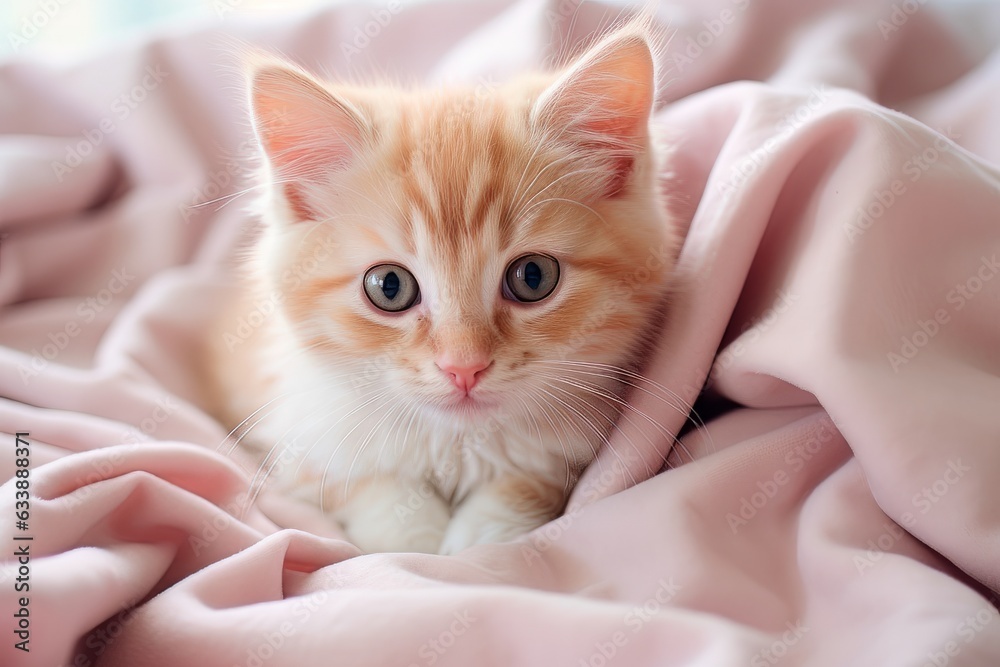 A cute fluffy red and white kitten lies in a pink scarf. Generative AI