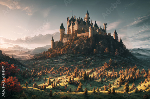 Beautiful medieval castle in the mountains. Fantasy landscape with fantasy castles. Generative AI.