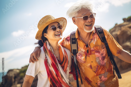 An aged asian elder an his wife are travelling cheerful with holiday clothing on a nature vibrant trip on vacation while retired