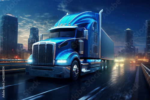 A blue large truck is driving fast with a normal speed on a busy highway surrounded by cities © pangamedia