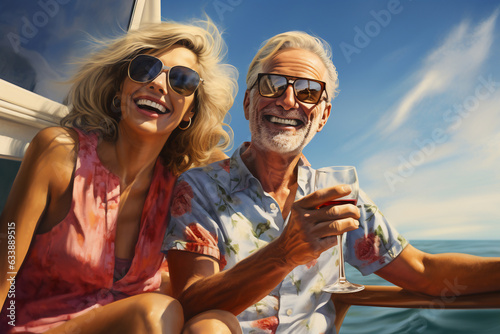 A retired caucasian elder an his wife are travelling happy with a glass of wine on a sailing vibrant boat on vacation while retired