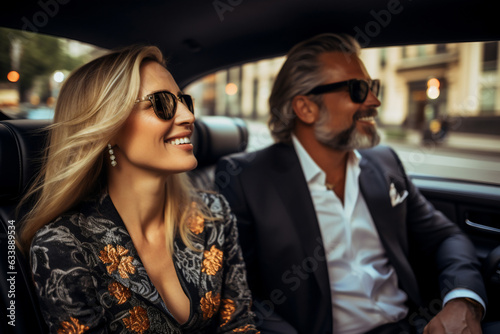 An adult caucasian business-woman is driving cheerfully with a friend in a expensive modern car in a city street