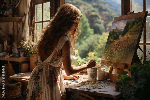 A playfull girl is painting beautifuly with their hands at rustic home on a large painting