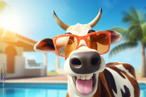 Tableau sur toile A holiday cool cow is smiling sunglasses next to the  pool ; a vacation backgrou