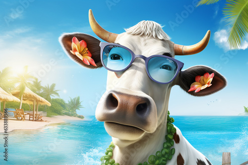 A holiday cool cow is smiling sunglasses next to the  pool   a tropical background or banner © pangamedia