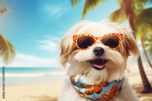 A holiday happy dog is smiling sunglasses on a  beach   a tropical background or banner © pangamedia