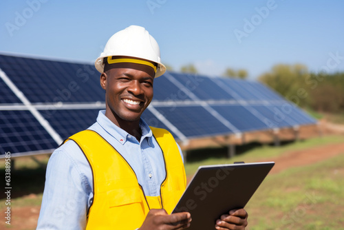 A male african american engineer with a yellow helmet are standing and looking at the camera enthusiastic with ipad without logo in a solar panel clean park   renewable energy concept © pangamedia