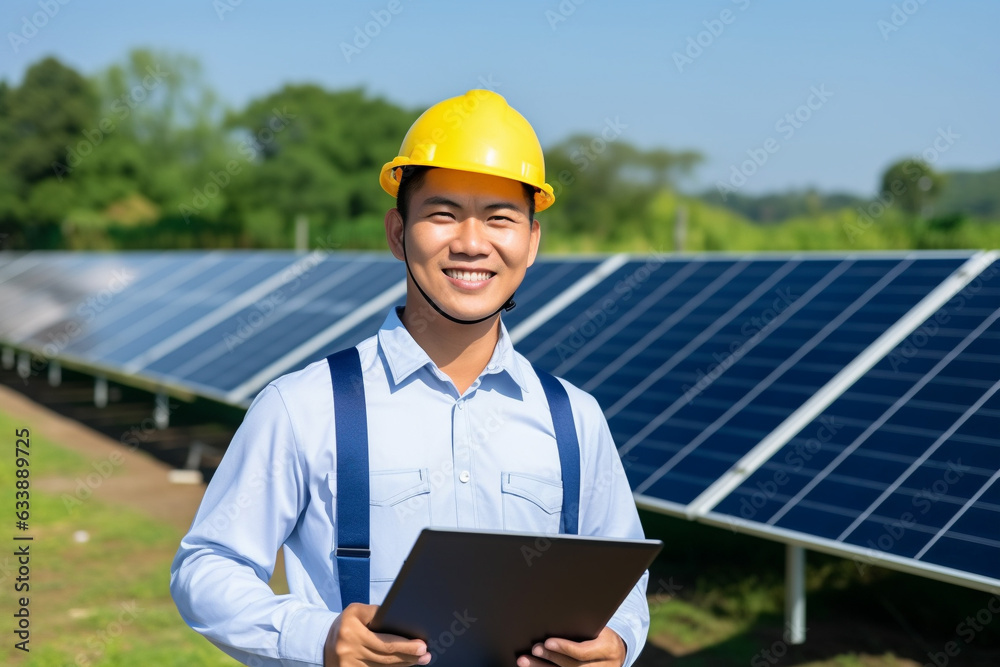 A male asian engineer with a yellow helmet are standing and looking at the camera enthusiastic with ipad without logo in a solar panel clean park ; renewable energy concept