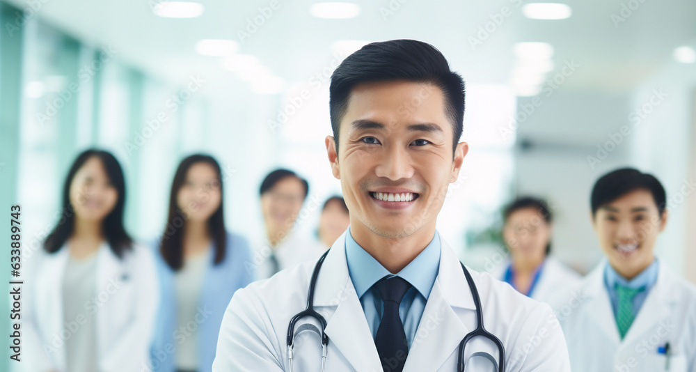 A male asian doctor is standing while beaming with confidence with the team behind in a modern hospital A male asian doctor is standing while beaming with confidence with the team behind in a modern hospital