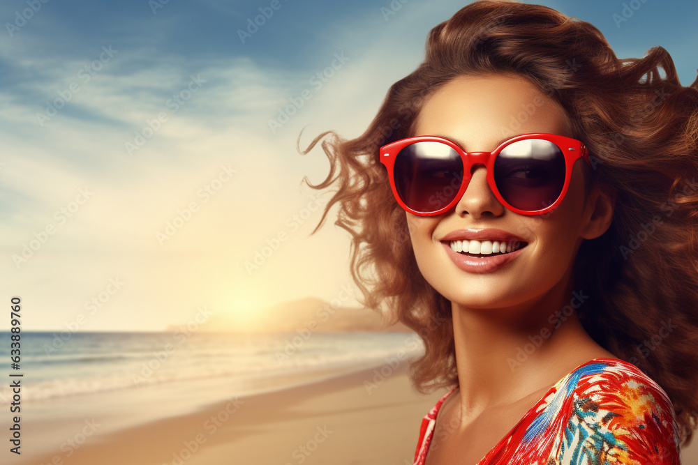 A holiday cool woman is smiling sunglasses on a beach ; a vacation background or banner A holiday cool woman is smiling sunglasses on a beach ; a vacation background or banner