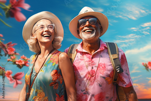 An aged mixed racial elder an his wife are travelling happy with holiday clothing on a nature vibrant trip on vacation while retired