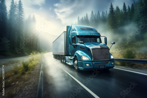 A blue large truck is driving fast with a blurry environment on a unoccupied highway surrounded by nature
