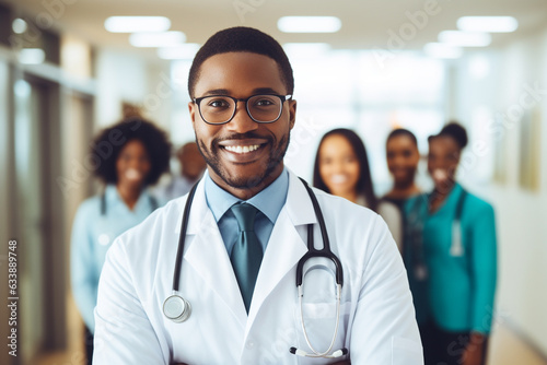 A male african american doctor is standing while beaming with confidence with the team behind in a modern hospital photo