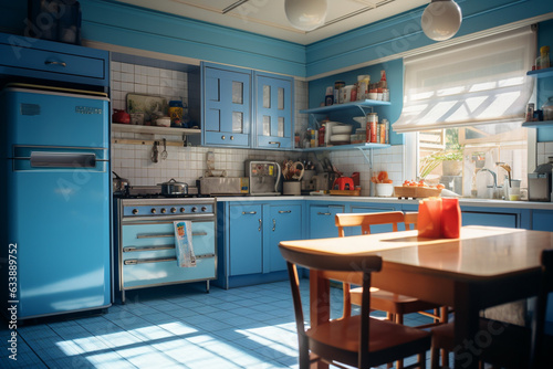 A retro bright blue kitchen is lit with sun beams coming in from the left without people present